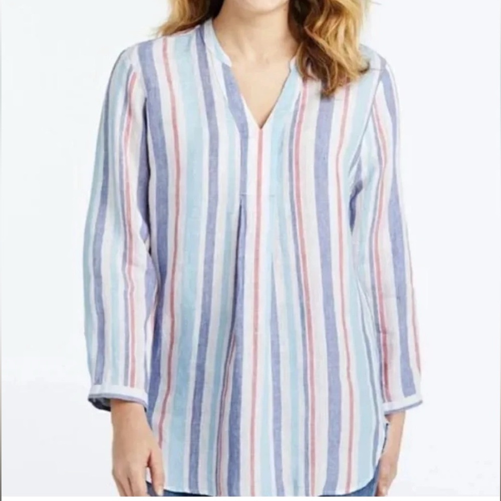 L.L. Bean Medium V-Neck Tunic Top Lagenlook Stripes Linen Lightweight